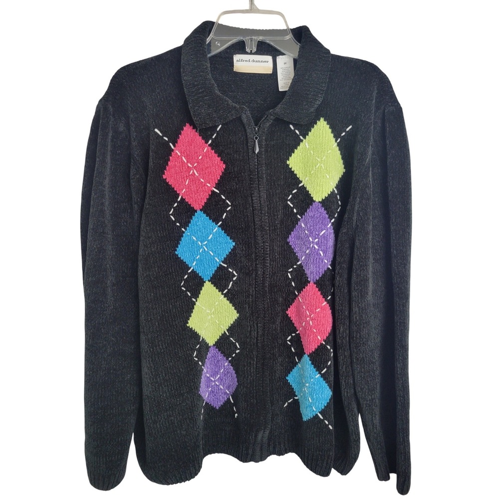 VTG‎ Alfred Dunner Sweater Cardigan Women 2X Black Argyle Full Zip Chenille Soft